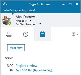Screenshot of the Meetings tab of the Skype for Business window.