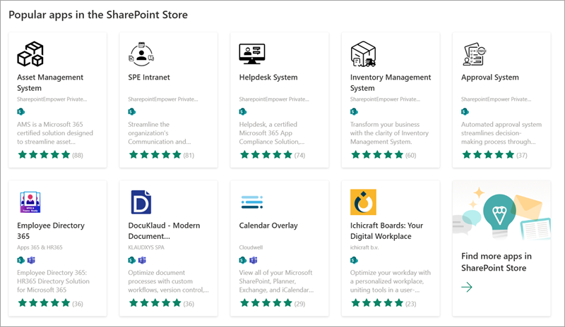 Screenshot showing some of the popular apps available for you to add to your site from the SharePoint Store.