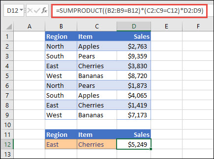 Exampe of using SUMPRODUCT to return the sum of items by region. In this case, the number of cherries sold in the East region.