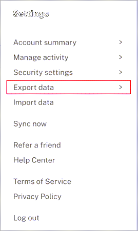 The settings menu of Dashlane with Export data highlighted.