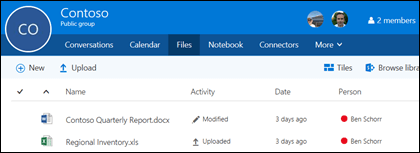 Click Files in your Office 365 group to see the list of files and folders stored in your group