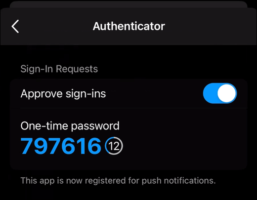 A one-time passcode shown in the Authenticator tab of Outlook mobile