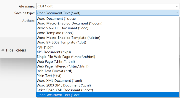 Screenshot of saving a Word doc to ODT4 format