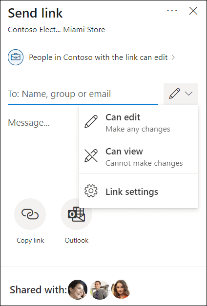 OneDrive sharing permission options with edit or view only options.