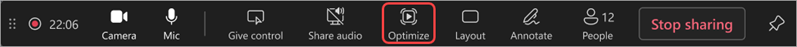 Presenter toolbar with Optimize option highlighted.