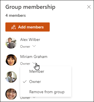 Selecting permission levels or remove from group.