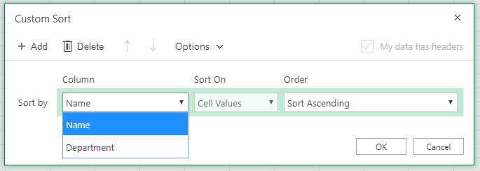 Custom sort dialog with the sort by row column is selected on the column 'Name'