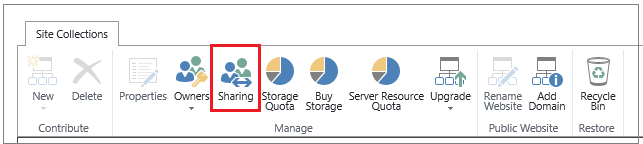 ribbon from SharePoint Online admin center with Sharing button highlighted