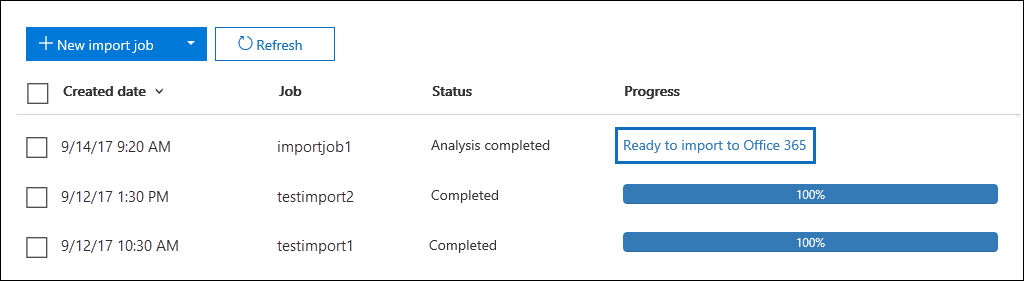 Click Ready to import to Office 365 next to the import job you created