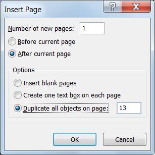 Dialog box for inserting a Publisher page