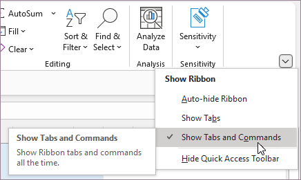 Select Show tabs and commands