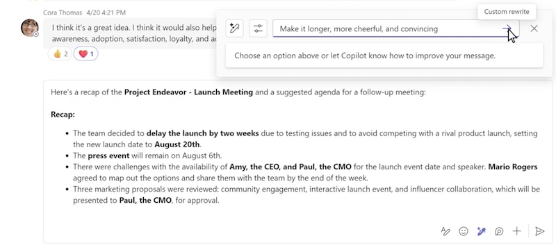 Custom rewrite of a message using Copilot in Microsoft Teams chat.