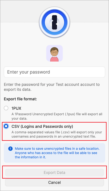 The export file dialog of 1Password.