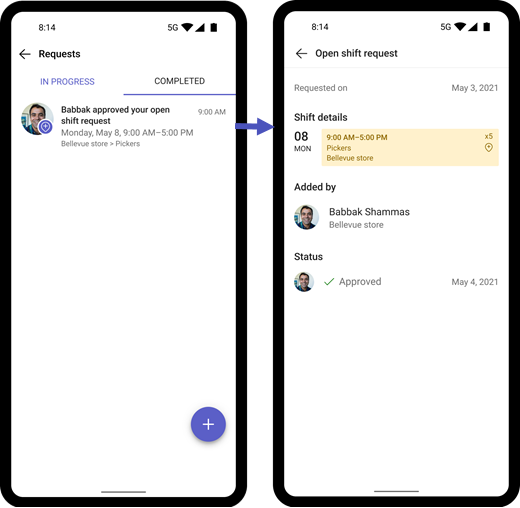 Screenshot of a notification and worker's open shift request approved by a manager on mobile.