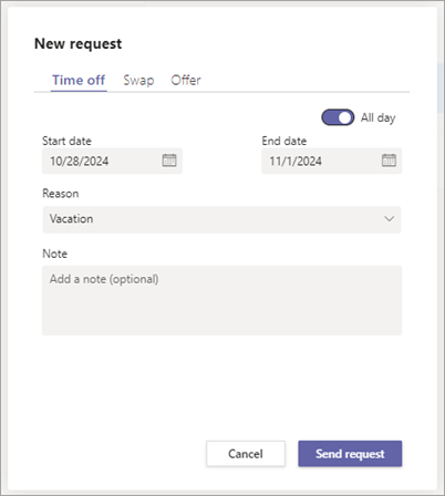 The New request dialog in Shifts, showing the Time off tab for requesting time off.