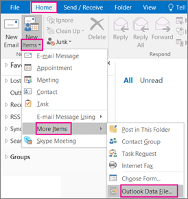Choose New Items > More Items > Outlook Data File.
