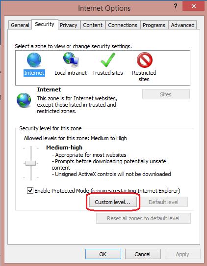 On the "Security" tab, make sure the Internet zone is selected, and then click on the "Custom level. " button.