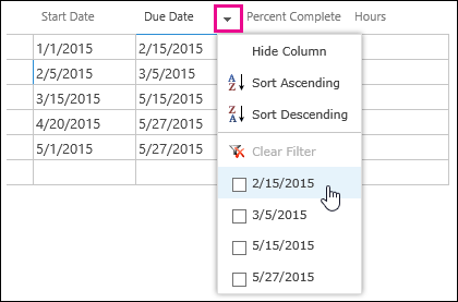 Applying a filter to the Due Date field of a datasheet.