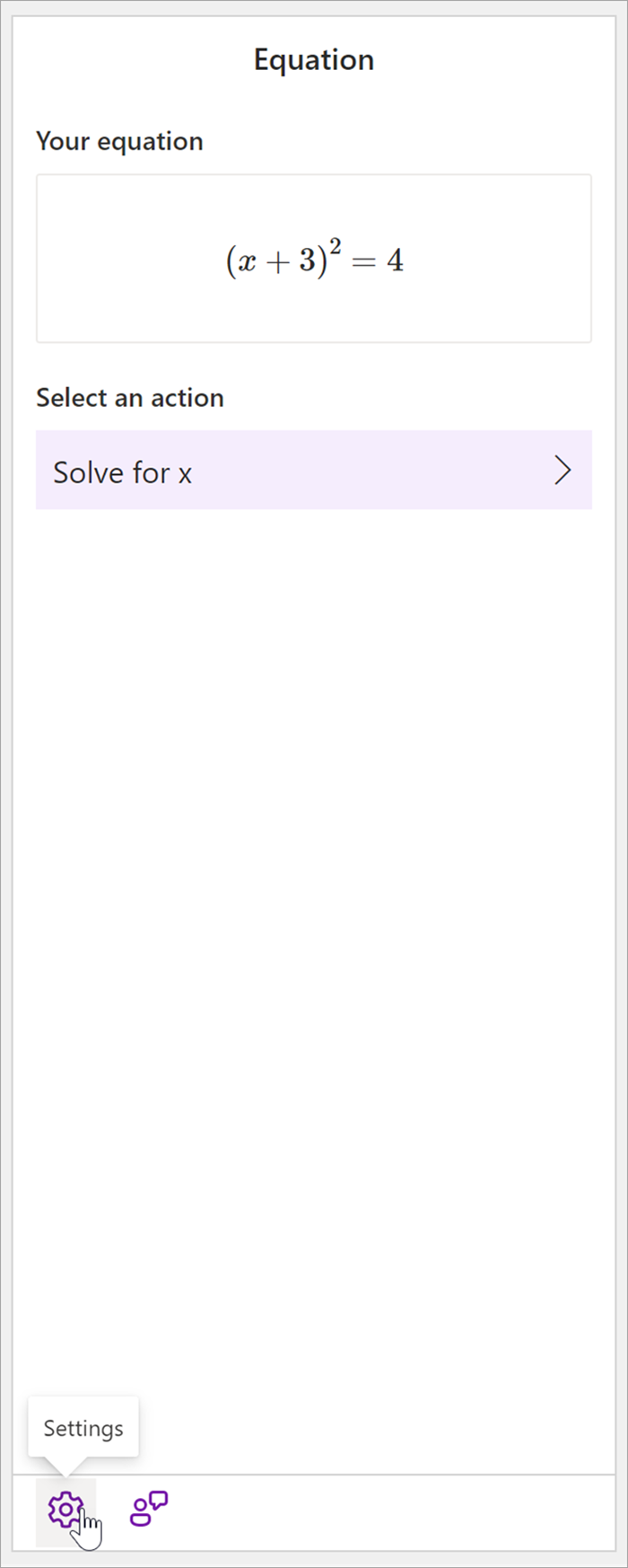 screenshot of the math pane of onenote desktop with the equation (x+3)^2=4. In the Select an action section, the only action available is Solve fore x. 