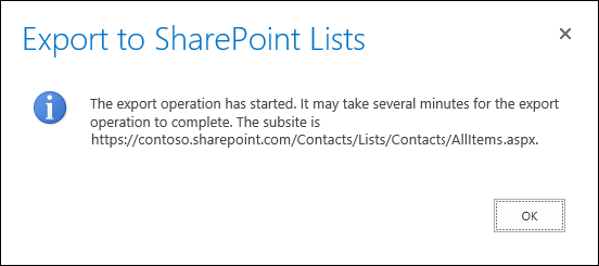 Screenshot of export to SharePoint lists message with an OK button.