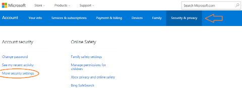 Shows the "Security & privacy" menu option selected, and on the page, the "More security settings" option is circled.