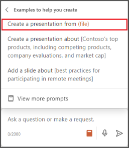 Screenshot of the Copilot in PowerPoint prompt menu with Create a presentation from file option highlighted