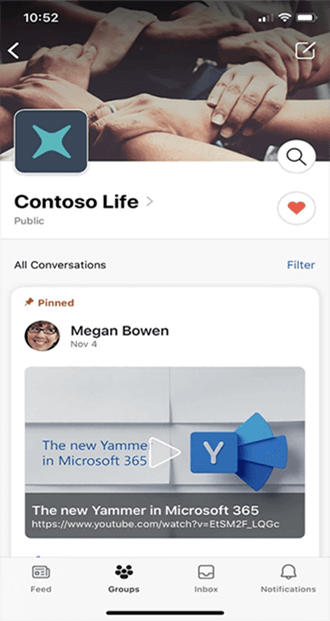 Group header on Yammer mobile with red heart