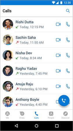 Screenshot of starting a call from the Calls tab in Kaizala