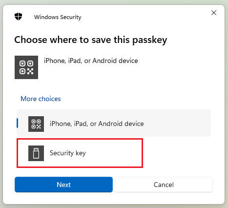 Screenshot of how to save a security key on Windows 11.