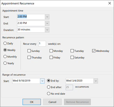 Make a meeting recurring in Outlook