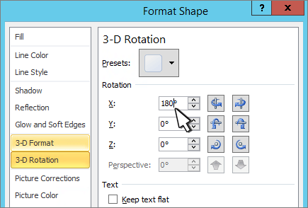 Format Shape dialog with 3D X rotation selected