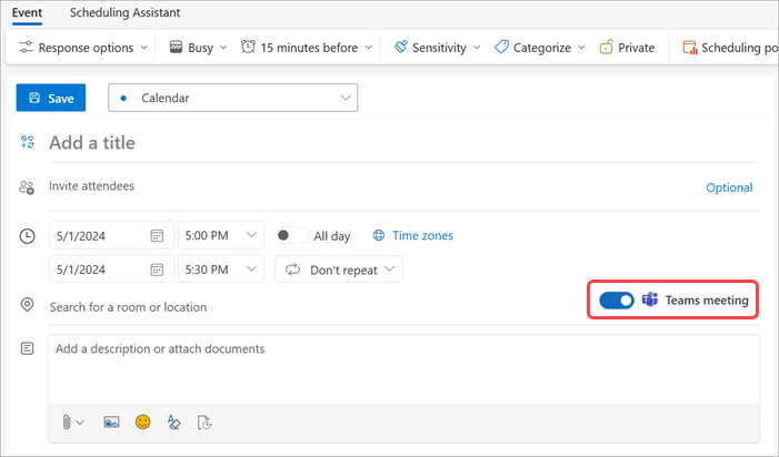 Turn on the Teams meeting toggle in Outlook to schedule a Teams meeting,