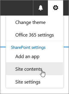 Settings menu with Site Contents highlighted