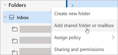 Screenshot showing selection to Add shared folder or mailbox