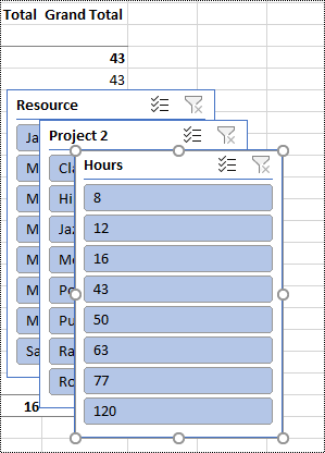 Slicer filters on a worksheet in Excel.