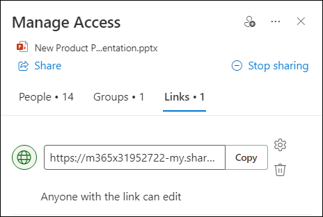 Screenshot showing the manage access dialog box with the links tab open.