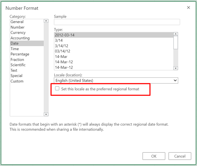 Number Format dialog with the Regional Formats check box highlighted.