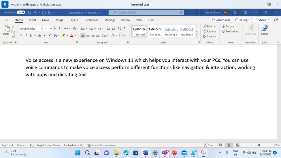 Word document showing the voice access command for inserting text.
