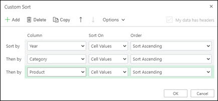 Custom Sort in Excel for the Web from Data > Sort & Filter.