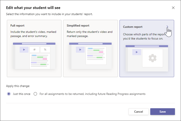 Two options for reports for students are shown, the full report includes specific numerical details on the student's performance, the simplified report shows only which words in the text the student missed.