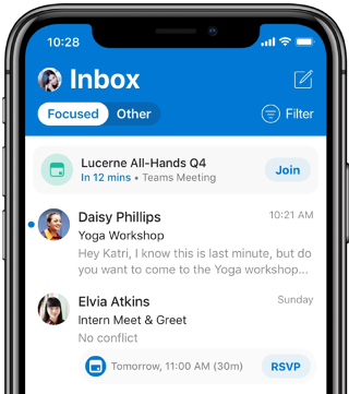 Shows an inbox on a mobile screen. An alert at the top says there's a meeting in 12 minutes.
