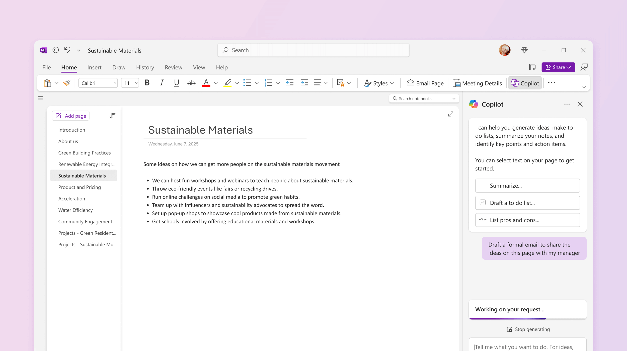 Screenshot shows Copilot in OneNote drafting a plan.