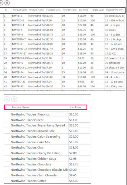 The side by side view of the table and the query results.