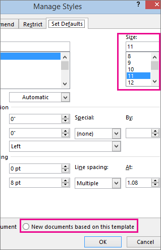 Set Default tab in the Manage Styles dialog box