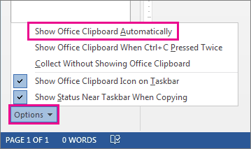 The Clipboard options in Word 2013