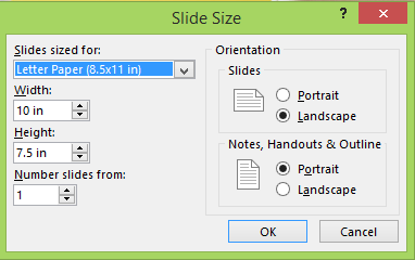 You can define the settings for your slides in the Slide Size dialog box.