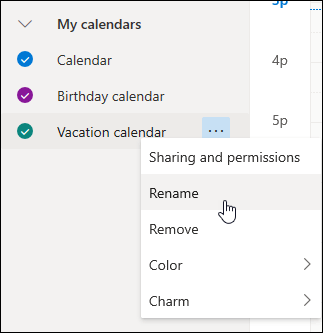 A screenshot of the calendar context menu with Rename selected