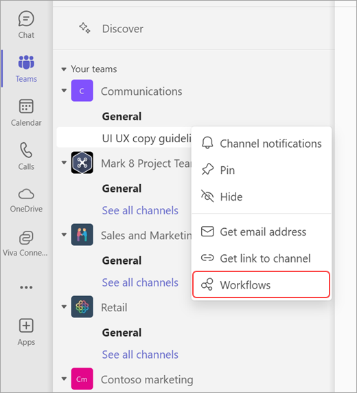 Screenshot showing Channel menu with Workflows selected
