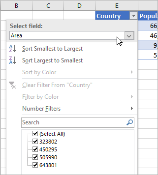 Filter menu, Display Value menu, fields from linked data type listed