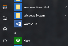 Example that shows the Word 2016 shortcut:missing from the Office shortcuts